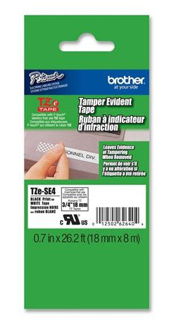 Etiqueta blanca continua laminada de seguridad Brother TZESE4 - de 18 mm de ancho x 8 mts de largo. Impresión en negro. Etiqueta blanca continua laminada de seguridad Brother TZESE4 - de 18 mm de ancho x 8 mts de largo. Impresión en negro.